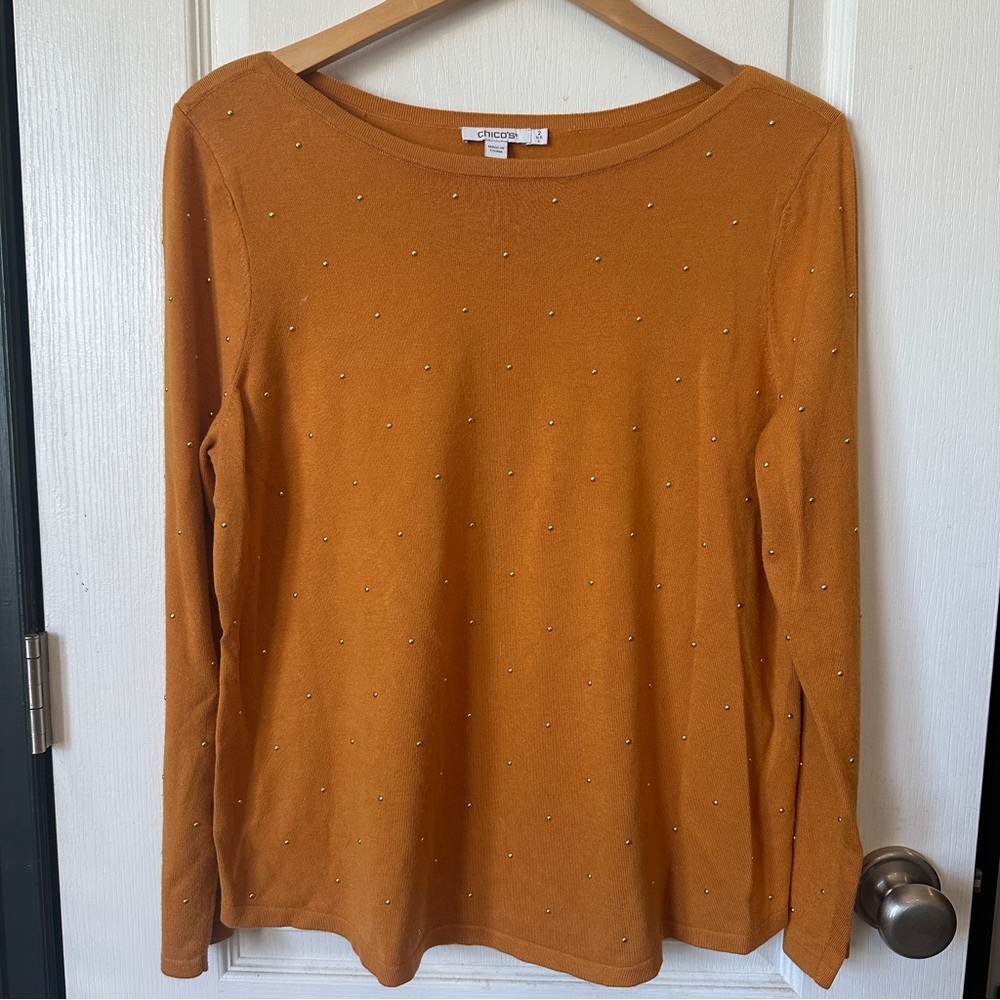Chico’s Yellow Gold Studded Sweater Round Neck Ribbed Long Sleeve Mustard